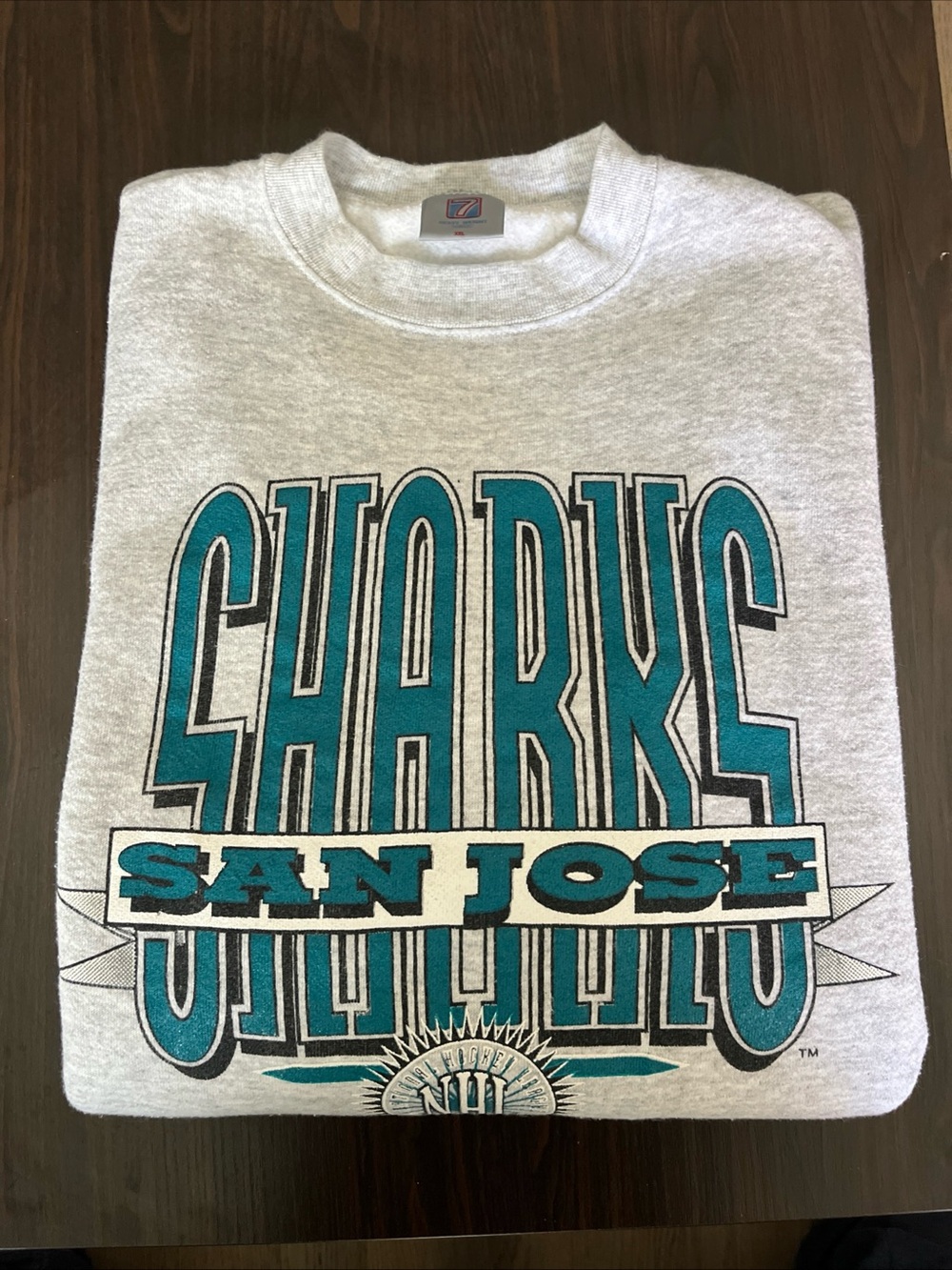 LOGO 7 san jose sharks NHL Crewneck Sweatshirt Heather Gray with Teal Graphic